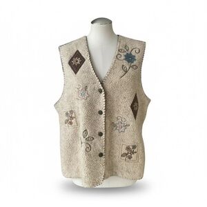 Alfred Dunner Embroidered Sherpa Vest L Button Front Boho Western